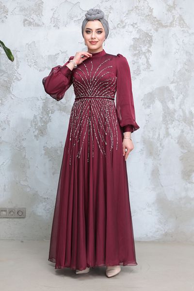 Neva Style Hijab Evening Dress - Beaded Cherry Hijab Evening Dress 4953Vsn