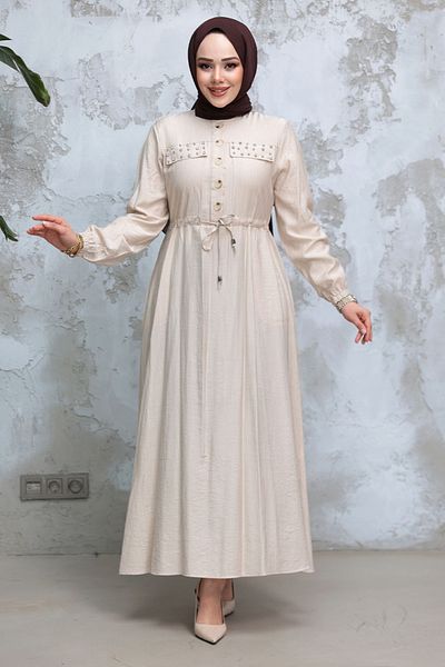 Neva Style Beige Hijab Dress - Buttoned 17131Bej