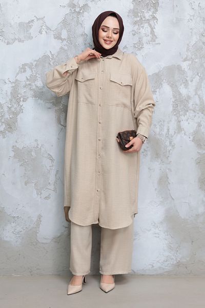 Neva Style Costum cu nasturi Hijab Bej 44661BEJ