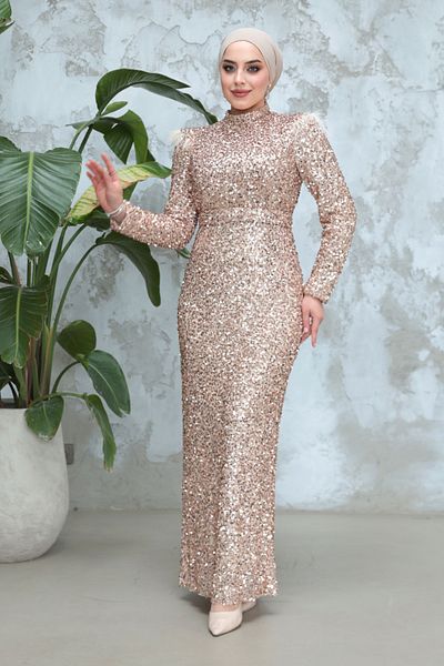 Neva Style فستان سهرة حجاب ذهبي - مطرز بالترتر 4762GOLD