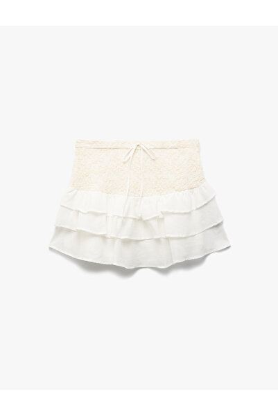 Koton Katlı Dantel Dokulu Beli Bağcıklı Şifon Mini Etek