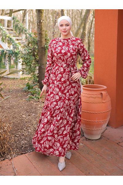 SAHRA BUTİK Viscose Dress with Frill Hem - Burgundy - Sahra Butik