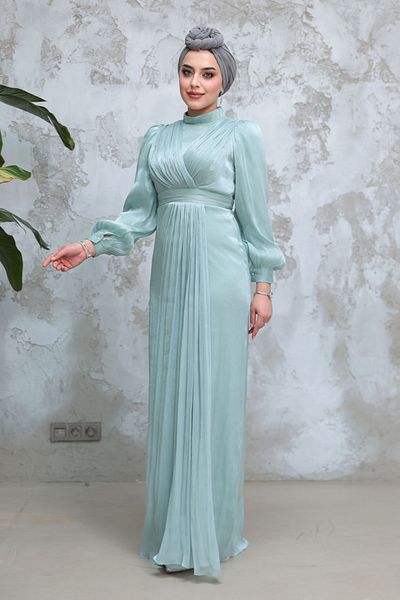 Neva Style Drape Detailed Mint Hijab Evening Dress 50921Mint