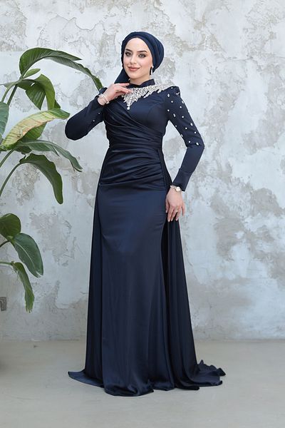 Neva Style Tailed Navy Blue Hijab Satin Evening Dress 51312L