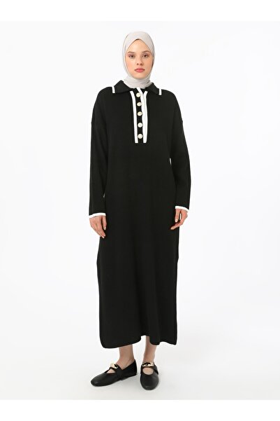 Refka Rochie Hijab Tricot cu nasturi aurii - Negru - Refka