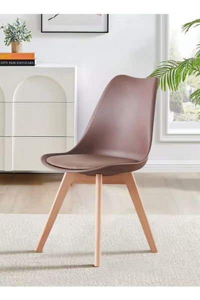 Taimi Mid Century Modern Side Chair , PU Leather Soft Padded Seats and Solid Wood Legs Brown