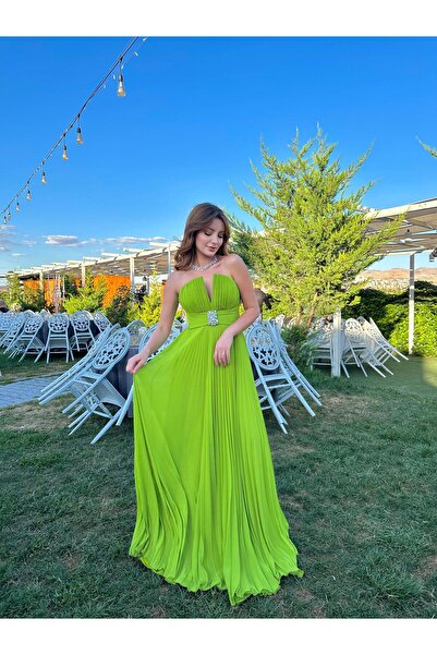Carmen Fıstık Yeşili Şifon Kemer Detaylı Uzun Abiye Elbise