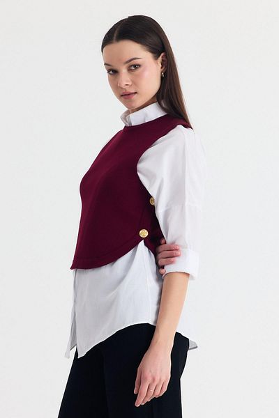 Rays Claret Red Side Button Detail Zero Sleeve Sweater 2111
