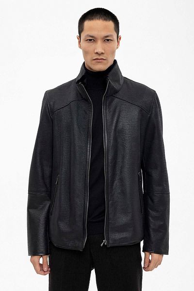 Deriderim Jo Black Furry Inside Zippered Warm Crocodile Print Men's Coat