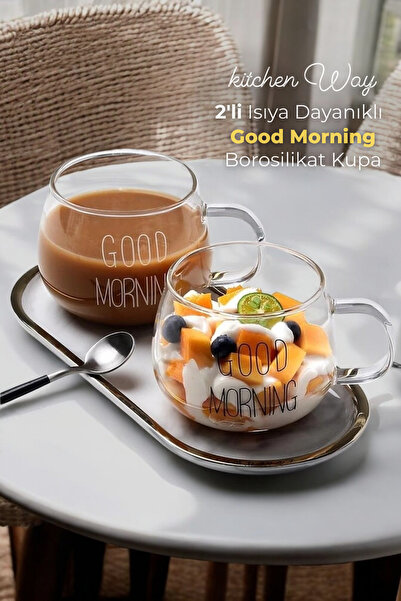 Kitchen Way Cam Good Morning Kulplu 2 Li Yuvarlak 400ML Kupa Borosilikat Sunu...