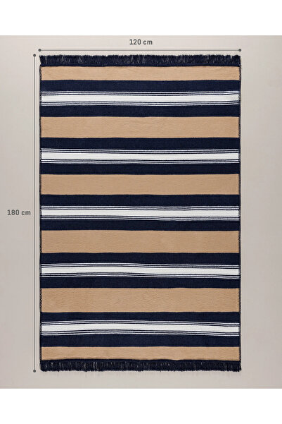 Madame Coco Rosée Pamuklu Saçaklı Dokuma Kilim - Bej/Lacivert - 120x180 cm