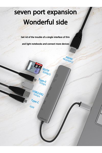 Linkpin 7-in-1 USB C Hub with 4K@60Hz Type C to HDMI,2 USB 3.0 Ports PD 100W Power Delivery and SD/TF Card