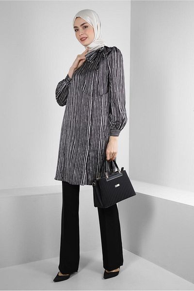 Alvina STRIPED COLLAR BOW DETAIL SATIN TUNIC 43738