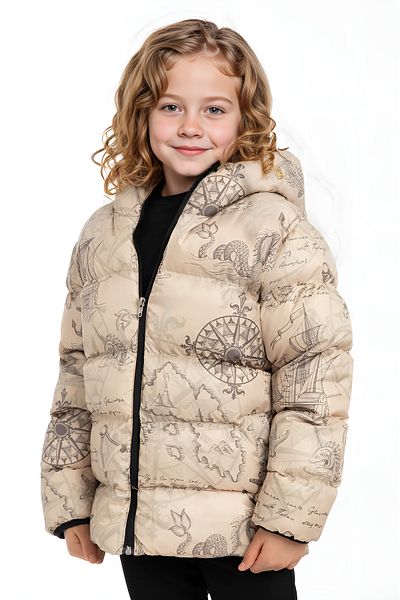Montland Girl's Digital Printed Pattern Fleece Water and Windproof Hooded Puffer Winter Jacket with Pockets