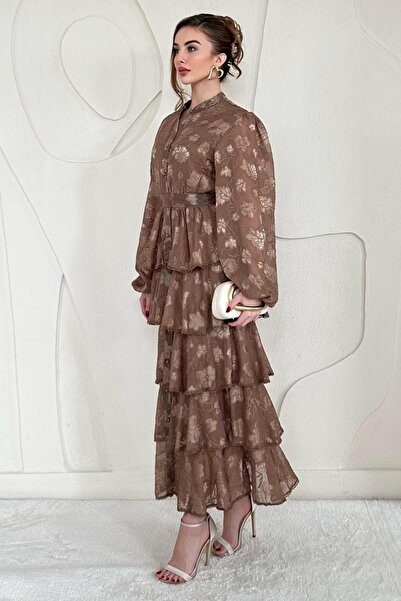 Elbee Fashion Woman Volanlı Şeritli Kat Kat Elbise