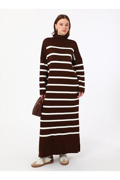 Benin Turtleneck Knitwear Hijab Dress - Brown - Benin