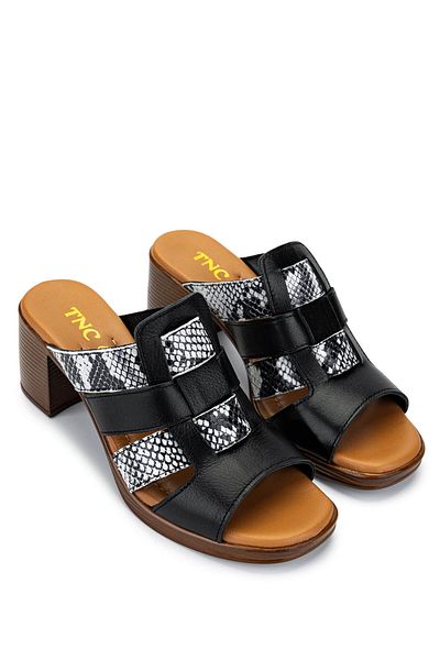 Tamer Tanca Women's Genuine Leather Black Heeled Slippers