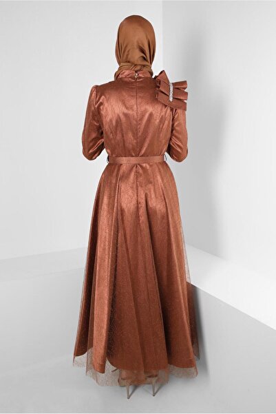 Alvina SHOULDER DETAIL STONE SILVERY LACE EVENING DRESS 50395