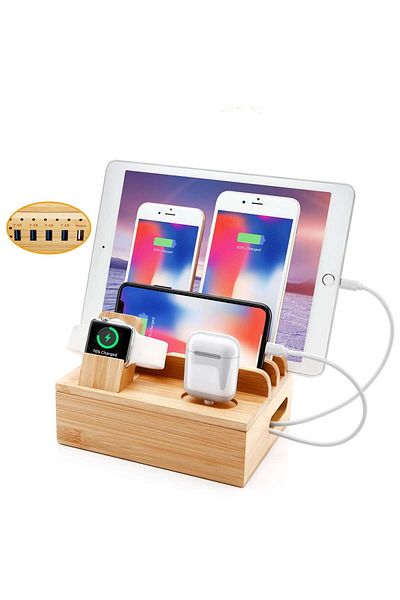 COOYA Bamboo Charging Station, Equipped with 5 USB Type a Charger Ports for Tablet Headset Mobile Phones