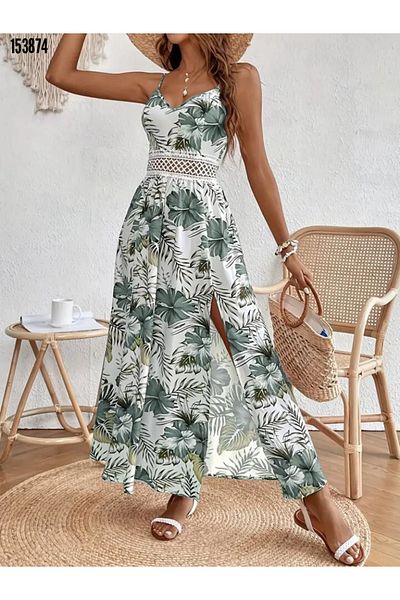 Kokosh moda Γυναικείο μακρύ καλοκαιρινό φόρεμα με λουράκι με κορδόνι με λουλουδάτο σχέδιο με σχισμή