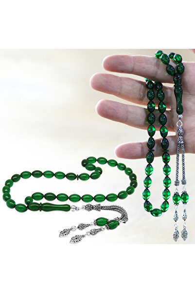 Tesbihane 925 проба срібла, подвійні китиці, ячмінний зріз, смарагдово-зелений вогонь, бурштиновий чотки