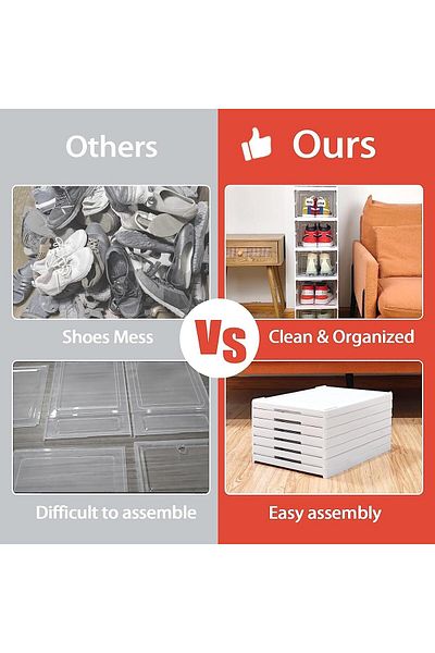 COOYA 2 Pack Portable Shoe Rack 6 Tiers Plastic Shoes Cabinet,Foldable Drawer,Transparent Storage