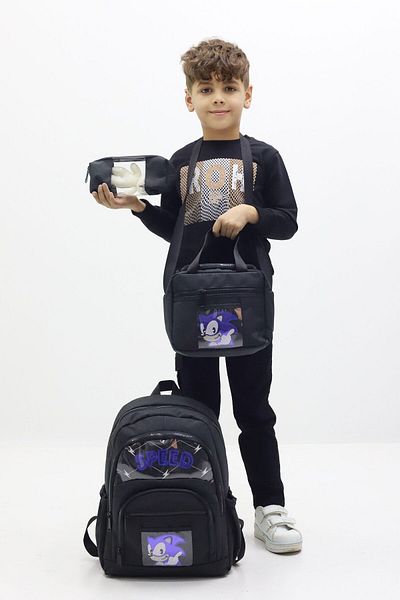 Probag Set de 3 genți de școală cu tematică Sonic pentru băieți - rucsac, cutie termică pentru prânz, suport pentru stilou