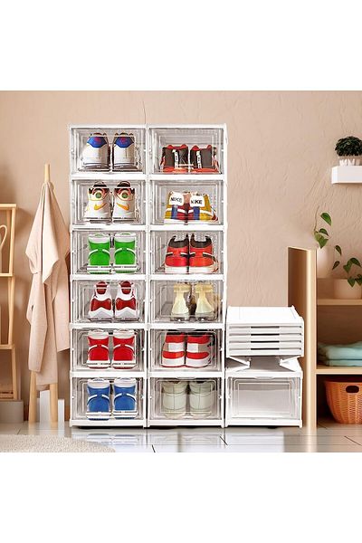 COOYA 2 Pack Portable Shoe Rack 6 Tiers Plastic Shoes Cabinet,Foldable Drawer,Transparent Storage