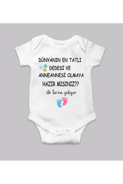 venüsdijital Ready to Be Grandfather and Grandmother Printed Unisex White Cotton Baby Bodysuit