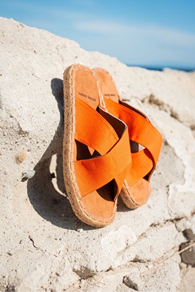 by selvi Lukka Shoes Zeta Orange Cross Linen Men's Slippers