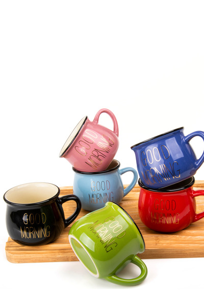MUKKO HOME Set of 6 Enamel Look Porcelain Mugs with Good Morning Gold Writing 150 ml