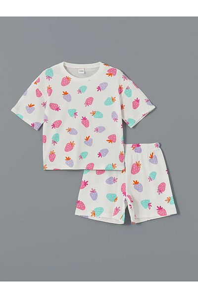 LC Waikiki Lcw Kids Ecru Crew Neck Girls' Sleepwear Set with Shorts