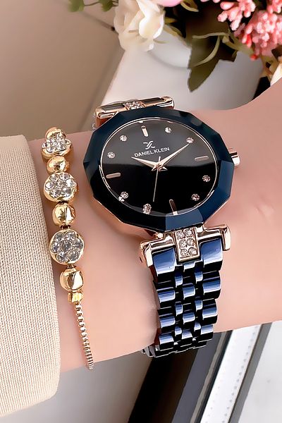 Daniel Klein Cutting Glass Waterproof Rhinestone Women Wristwatch Navy Blue Color Steel Band Gift Bracelet Gdkb2010C5