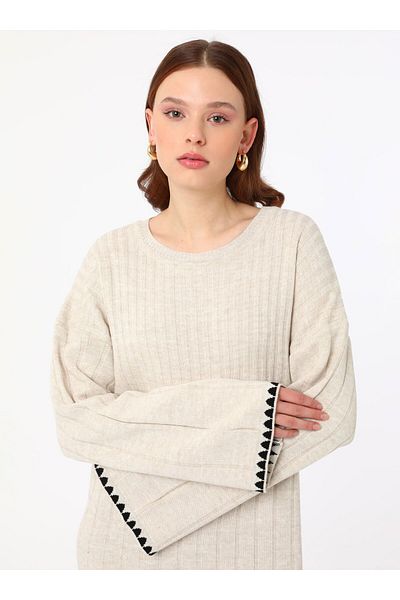 Benin Openwork Detailed Knitwear Hijab Dress - Stone Color - Benin