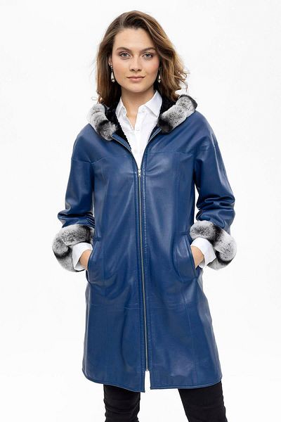 Deriderim Blue Hillary Wide Cut Inside Fabric Double-sided Hood and Sleeve Furry Women's Genuine Leather Coat