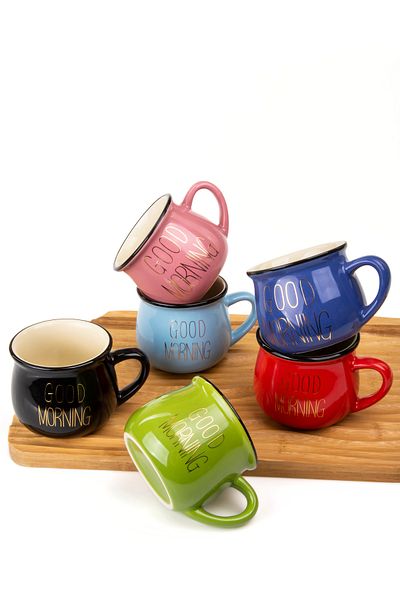 MUKKO HOME Set of 6 Enamel Look Porcelain Mugs with Good Morning Gold Writing 150 ml