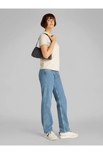 Calvin Klein Women's Ck Monogram Logo Adjustable and Detachable Shoulder Strap Zippered Black Shoulder Bag Lv0