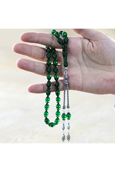 Tesbihane 925 проба срібла, подвійні китиці, ячмінний зріз, смарагдово-зелений вогонь, бурштиновий чотки