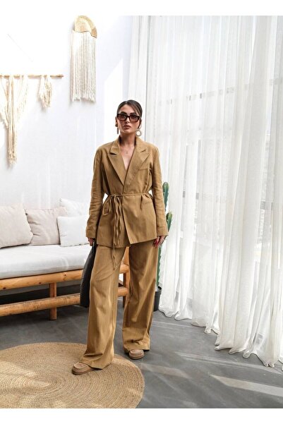 CONCEPTbyOkanGüler Keten Pantalon Ceket Takım-Hardal - M