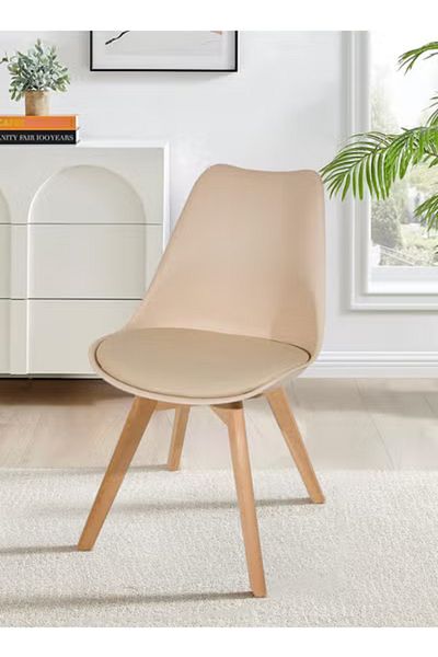 Taimi Mid Century Modern Side Chair , PU Leather Soft Padded Seats and Solid Wood Legs Beige
