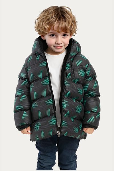 Montland Boys' Winter Jacket - Black Green Digital Pattern, Fleece Water and Windproof, Hooded Inflatable