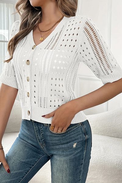 citystyle Summer Short Sleeve Button Openwork V-Neck Knit White Cardigan