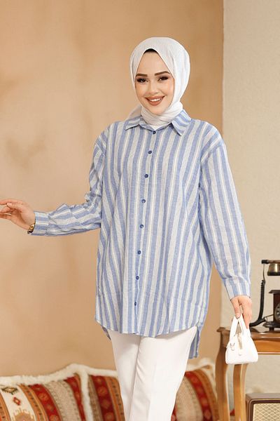 Neva Style Cămașă Hijab Albastră în dungi 52292m