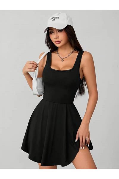 KİM Kİ O Women's Flexible Shorts Suit Fitness Sports Outing Square Neck Showing None Soft Form Fitted Dress