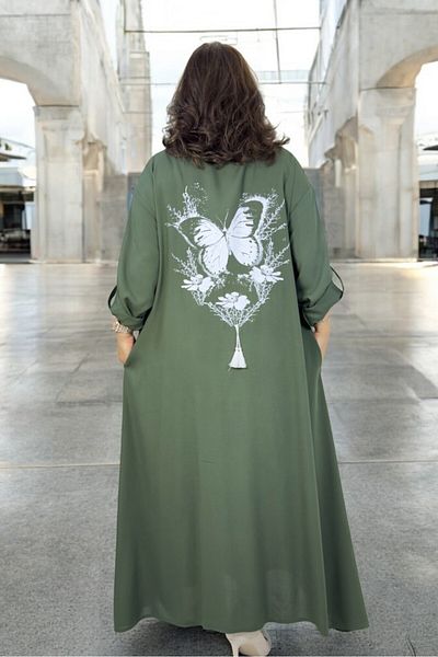 yagmurberen Embroidered Detail Front to Boydan Buttoned Folding Sleeve Pocket Plus Size Cotton Viscose Plus Size Dress