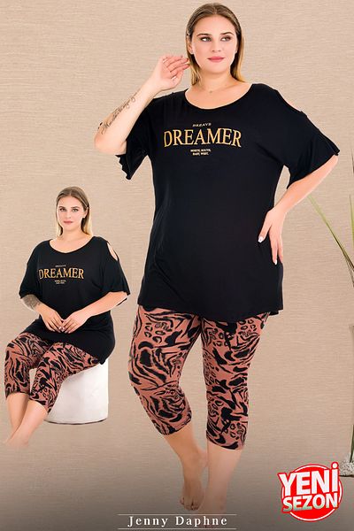 Jenny Daphne Lady Plus Size Patterned Crew Neck Shoulders Open Detailed Short Sleeve Capri Pajamas Set 10733