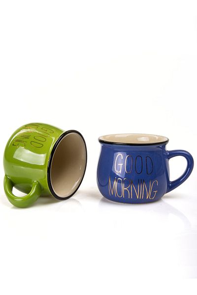 MUKKO HOME Set of 2 Enamel Look Porcelain Mugs with Good Morning Gold Writing 150 ml