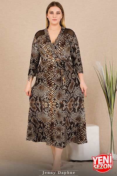 Jenny Daphne Mother Size Snake Pattern Double Lacing Dress Shoulders Tulle Long Sleeve Nightgown Oversize 7286