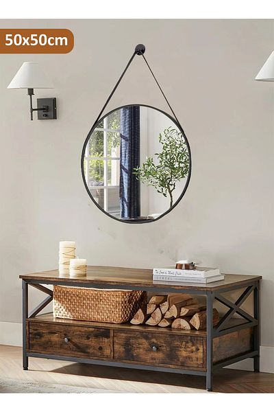 Taimi  Round wall mounted mirror with strap 50cm Black frame