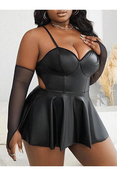 REAL PASSİONE Passione Plus Size Leather Dress Black Frp40010
